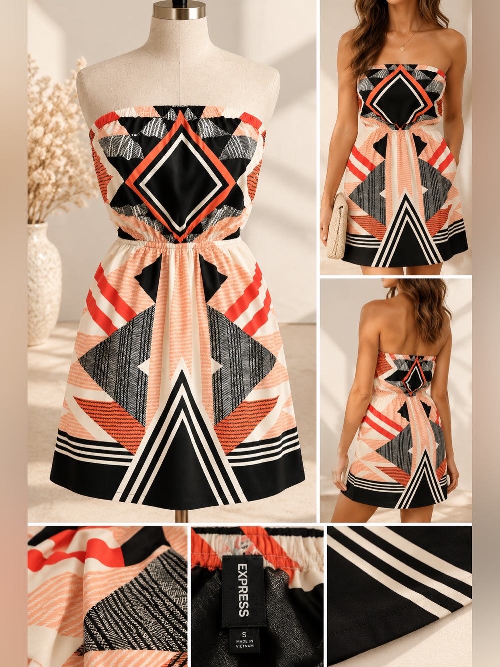Express Strapless Geo-Print Mini Dress in Coral, Black & Cream